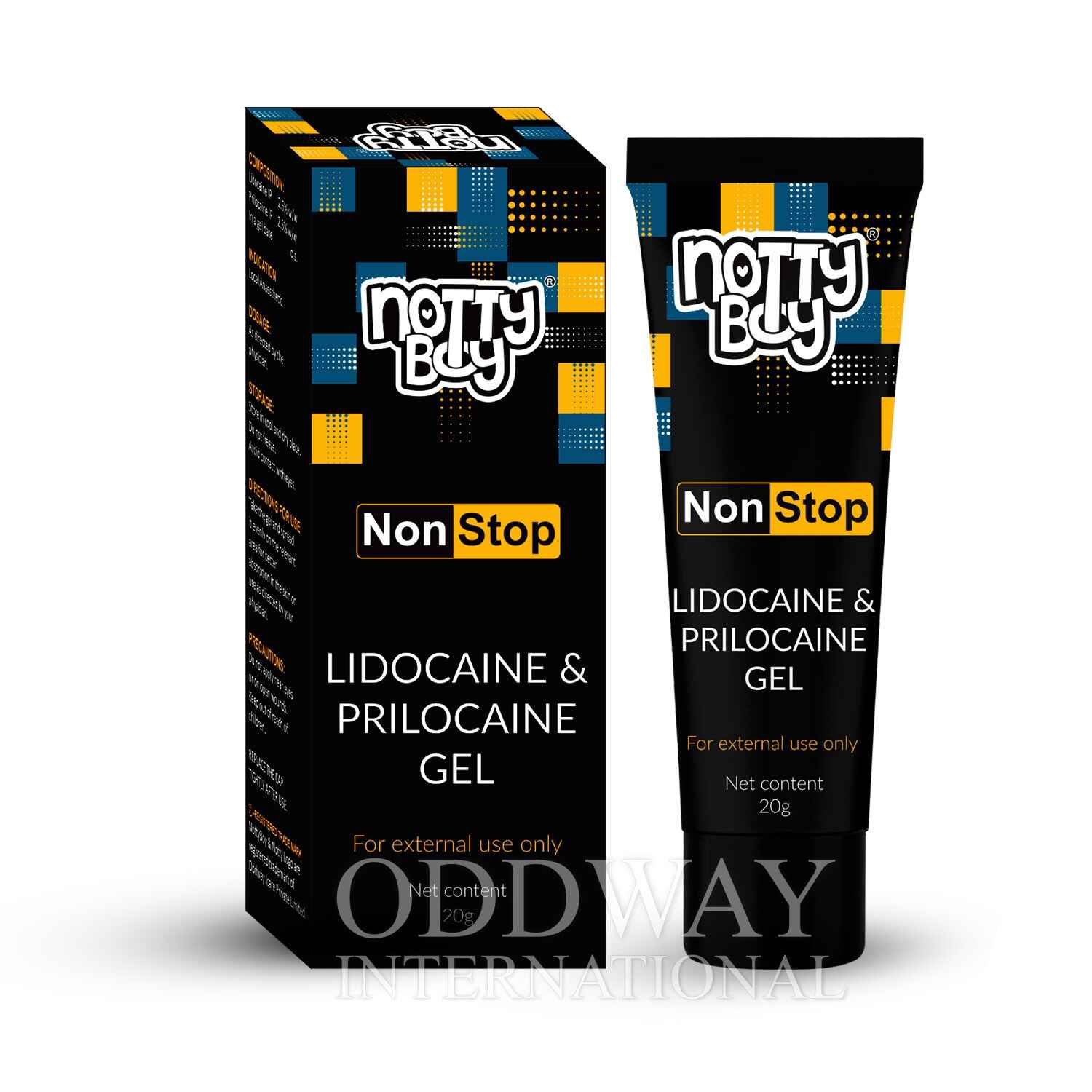 A sleek and modern pack of male delay cream placed on a clean background, highlighting its professional and high-quality appearance suitable for global markets. Front-facing view of a male delay cream tube showing the label, branding, and essential details for promotional and catalog purposes.