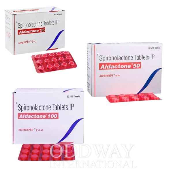 Boxes of spironolactone tablet Aldactone brand in 25 mg, 50 mg & 100 mg